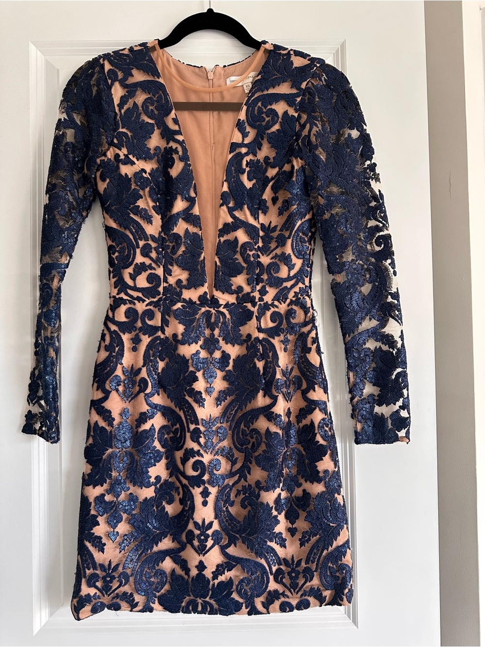 Dress the Population Navy Lace Appliqué Over Blush Long-Sleeve Dress